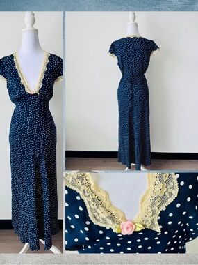 Commense Navy Polka Dot Maxi Dress - Lace Trim & Rosette Sz S